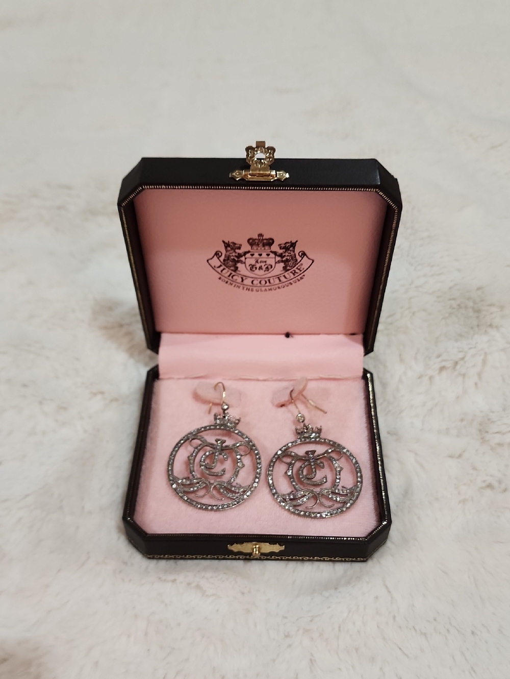 Vintage JUICY COUTURE Antique-Silvertone Logo Rhinestone Earrings w/Original Box